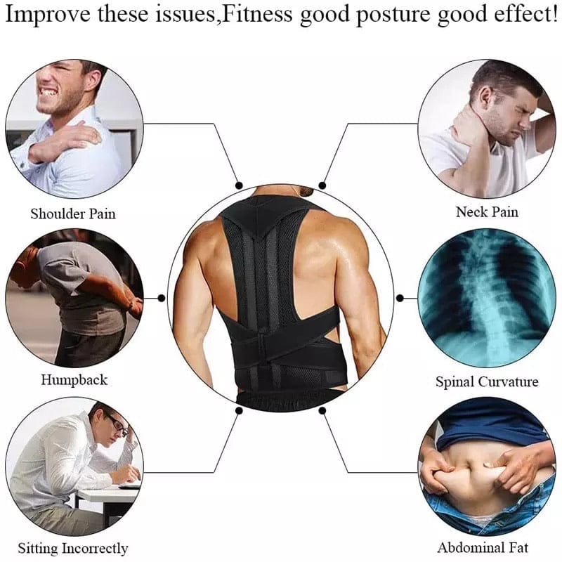 Adjustable DGN Mart posture corrector belt for men and women with back support and pain relief, shown worn around the shoulders and back.