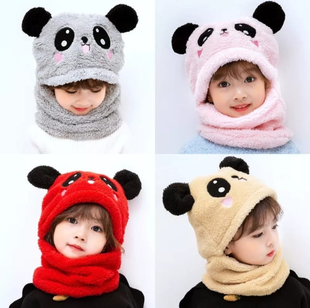 Kids Winter Panda Wool Cap With Neck Warmer (Random Color) - DGN Mart
