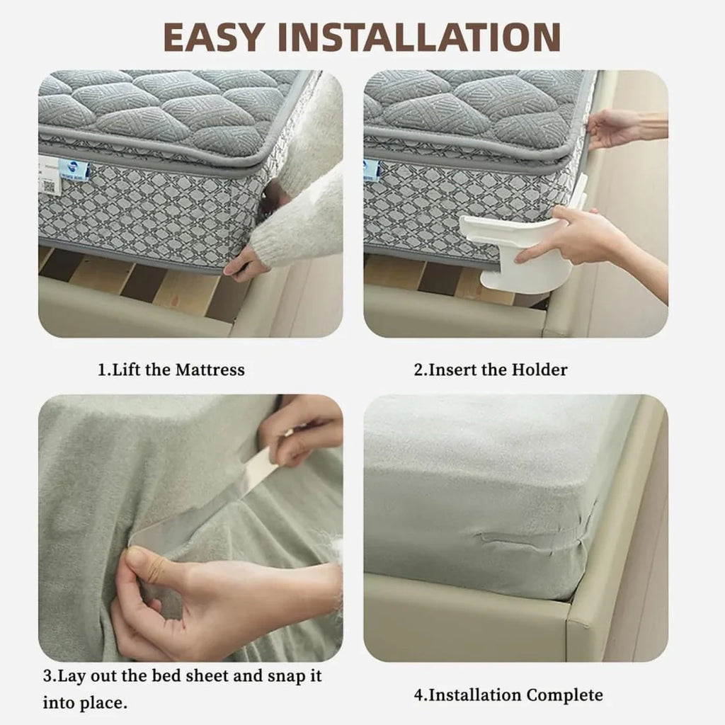 Heavy-duty DGN Mart 4-piece bed corner sheet grippers with straps, designed to secure mattress sheets on all bed sizes.