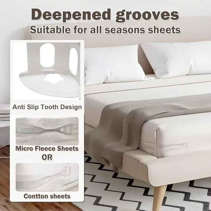 Set of four heavy-duty bed corner sheet grippers straps by DGN Mart for securing mattress sheets on all bed sizes.