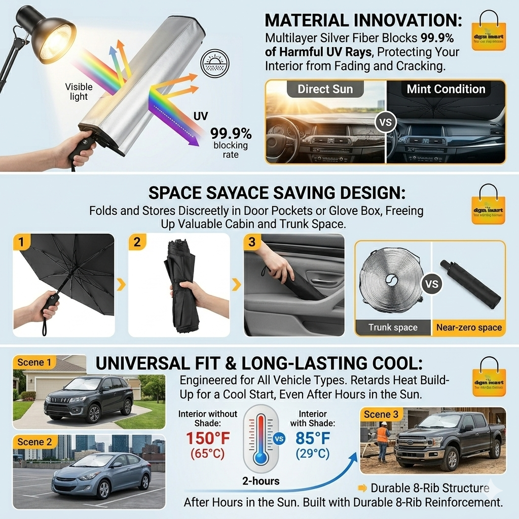 Car Sun Shade Umbrella – Foldable Windshield Sun Protector UV Block Heat Resistant Cover for Cars